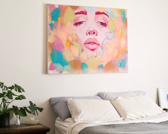 Waking Flower Woman Acrylic Painting, Groovy Pink Wall Art (36x48)