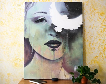 Emotive Woman Portrait Painting, White Bird Art, Gallery Wrapped Canvas