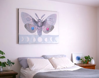 Moon Moth Canvas Painting, Lunar Cycle Surrealist Art (36x48 Inches)