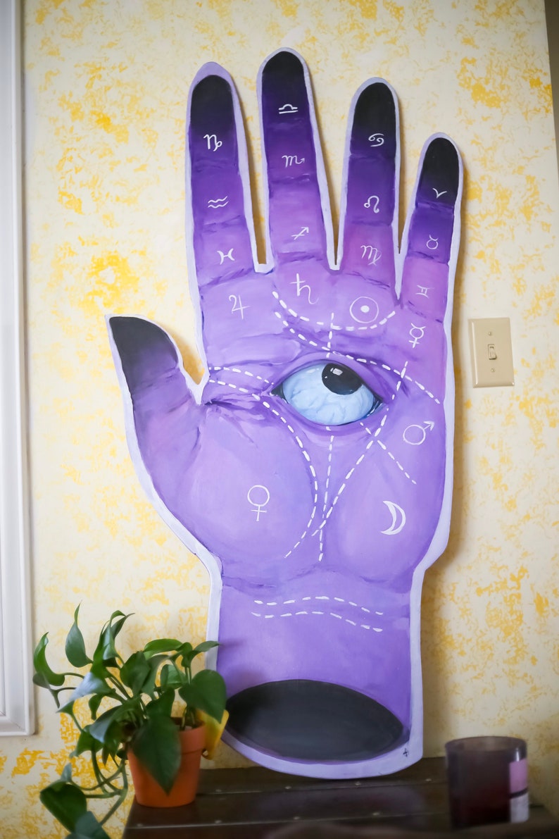 Puede incluir: Una mano morada con un ojo que todo lo ve pintado en la palma. La mano tiene s&iacute;mbolos astrol&oacute;gicos en cada dedo y l&iacute;neas dibujadas en la palma. El fondo es una pared amarilla.