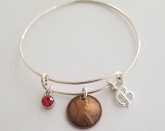 60th Birthday Gift 1961 US Penny Birthstone Initial Bracelet