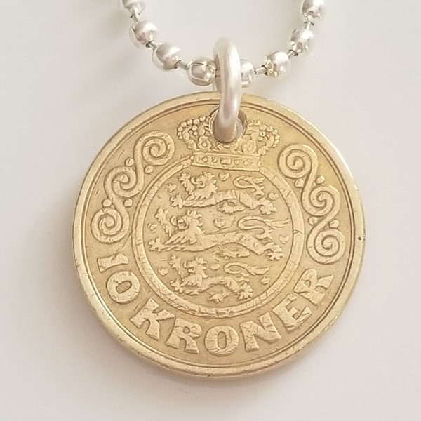 Vintage Denmark 10  Kroner Coin Necklace | Coin Pendant | Coin Jewelry | Unique Gift | Denmark Jewelry