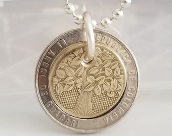 Colombiaanse muntketting | Guacariboom munt ketting | Handgesneden | Colombia-sieraden | Muntsieraden | Uniek CADEAU