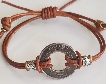 State Coin Bracelet | Quarter Coin Bracelet |Leather Bracelet | Coin Bracelet | Travel Souvenir