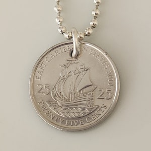 Eastern Caribbean Territories Necklace|  25 Cent Sailboat Coin Necklace | Maritime Sailing Coin