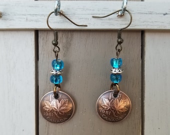 41e anniversaire 1981 Boucles d’oreilles Canadiennes Penny | Cadeau du 41e anniversaire | ou cadeau du 41e anniversaire | | canadienne de bijoux | de bijoux en pièces de monnaie Cadeau unique