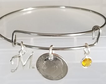 Pulsera brazalete con moneda de diez centavos de EE. UU. / Pulsera brazalete / Elija el año de la moneda de diez centavos / Brazalete de acero inoxidable