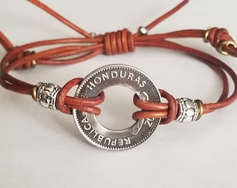 Honduras 50 Cent Bracelet | Leather Bracelet | Coin Bracelet | Unique Gift | Coin Jewelry | Honduras jewelry