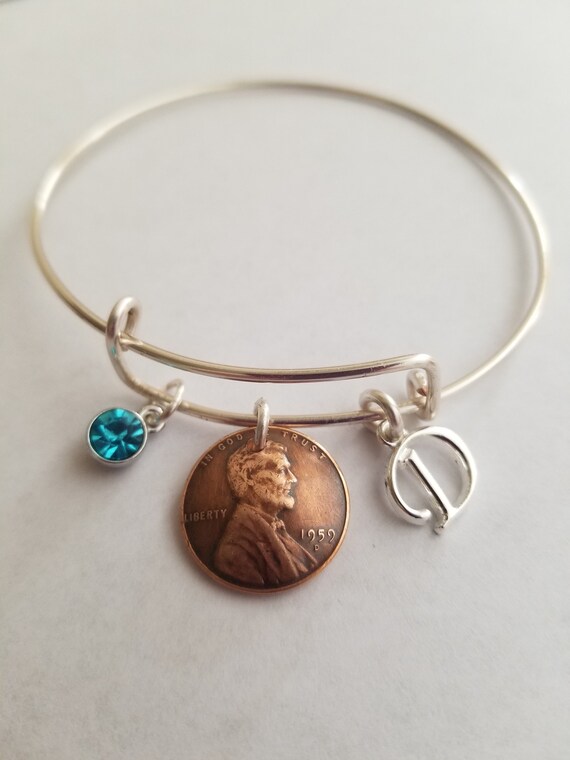60th Birthday Gift 1961 US Penny Birthstone Initial Bracelet