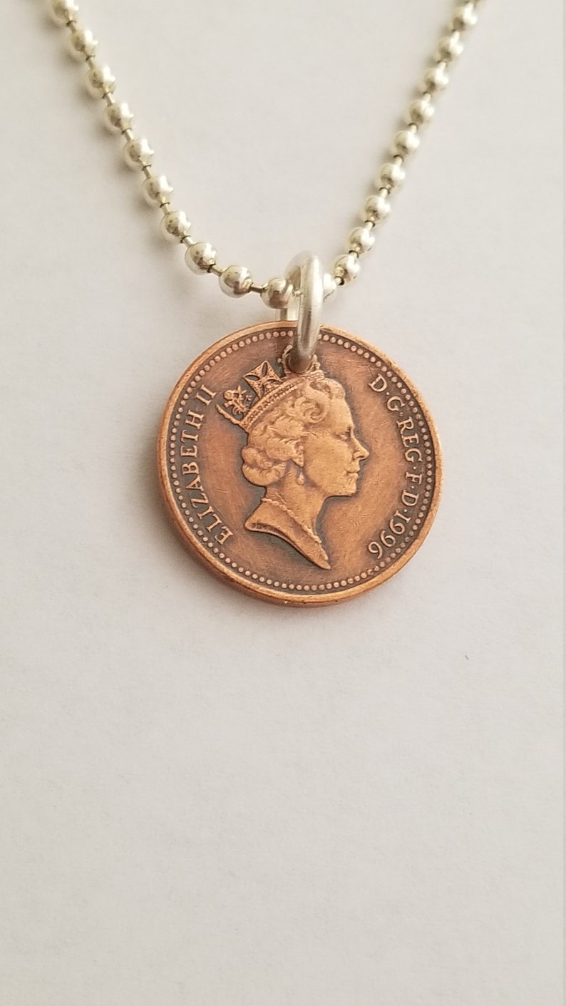 Coin Jewelry British Jewelry Penny Coin Necklace England Souvenir Unique Gift Queen Elizabeth Coin Pendant 1996 U.K