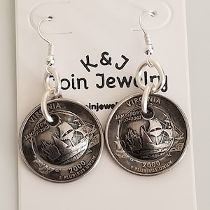 Virginia State Quarter Center Punched Hoop Coin Earrings | Handmade Earrings | Unique  Gift | Coin Jewelry | Quarter Jewelry
