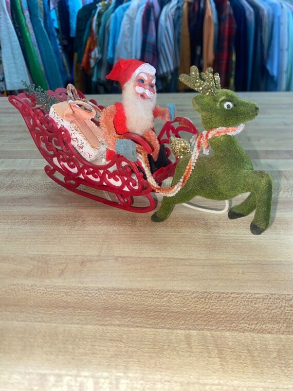 Figurine Vintage Père Noël à Cheval Avec Renne - Piles Et Lumière - Déco Noël Occasion