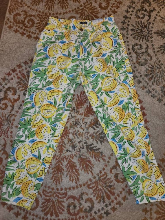 Vintage 80s Bonjour Tropical Print Pants - image 1