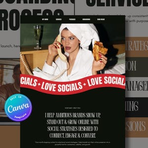 Peut inclure: Un modèle de marketing numérique montrant une personne en peignoir et serviette blanche, tenant un téléphone et une part de pizza. Le design inclut une bannière rouge avec le texte LOVE SOCIALS et du texte noir détaillant des services de stratégie.