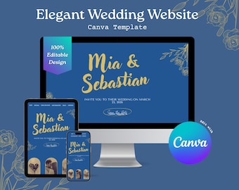 May include: A digital wedding website template displayed on a desktop computer, tablet, and smartphone. The design features the names "Mia & Sebastian" in gold script on a blue background, with the text "Invite you to their wedding on March 23, 2026."