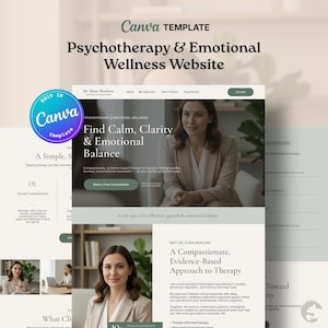 Puede incluir: Una plantilla de sitio web para psicoterapia y bienestar emocional, con un diseño profesional. La plantilla incluye secciones para el enfoque del terapeuta, los servicios y la información de contacto. La plantilla de Canva está diseñada para ayudar a los usuarios a crear un sitio web.