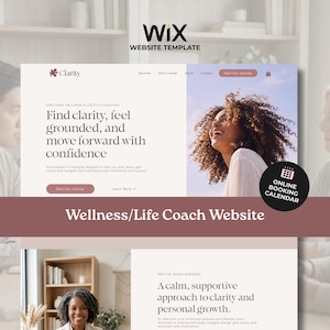 Könnte beinhalten: Eine Wix-Website-Vorlage für einen Wellness- und Life-Coach mit einer sanften Farbpalette. Das Layout enthält einen Header-Bereich mit dem Text Clarity, Find clarity, feel grounded, and move forward with confidence sowie einen Online-Buchungskalender.