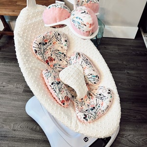 Mamaroo seat cover, swing infant insert and toy accessories, changeable bouncer cover pink fable floral and cream minky