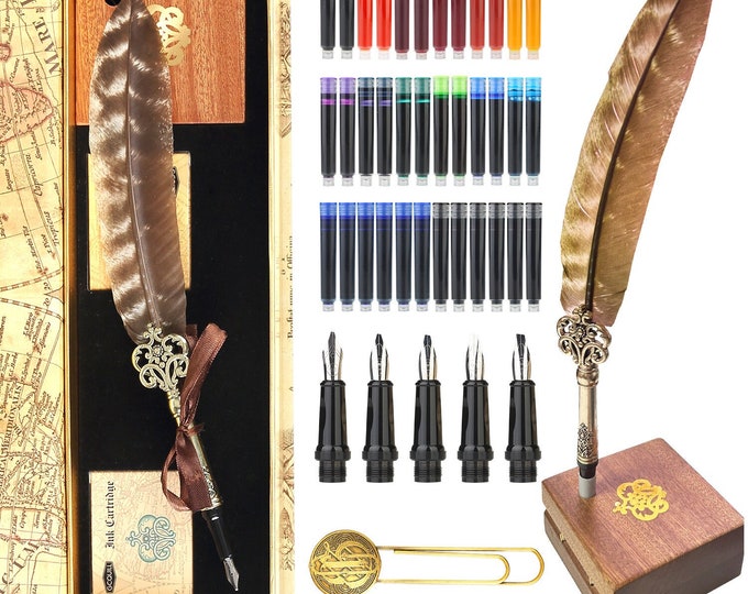 Antique Feather Quill Pen Set With Glass Wax Seal Stamp Pen Holder ...