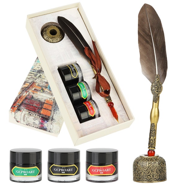 Feather Glass Dip Pen and Ink Set, Glass Calligraphy Pen with 3 Colors Ink and Pen Holder for Writing Drawing