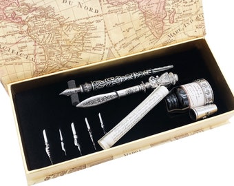 Metal Calligraphy Dip Pen and Letter Opener Set with 6 Nibs, 1 Ink Bottles and 1 Pen Holder