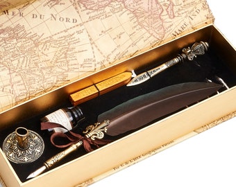 Feather Pen and Ink Set with Metal Letter Opener, Pen Holder, 6 Nibs, Christmas Gift Idea for Kids Teens Adults