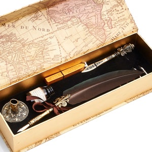 Feather Pen and Ink Set with Metal Letter Opener, Pen Holder, 6 Nibs, Christmas Gift Idea for Kids Teens Adults