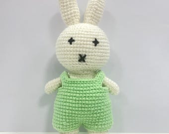 Handmade Crochet Bunny Plush – Soft Amigurumi Toy in Green Overalls – Cute Gift for Baby, Kids & Collectors