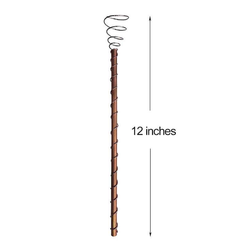 May include: A 12-inch copper plant stake with a spiral design. The stake is made of metal and has a copper finish.