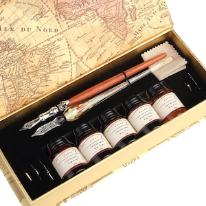 Calligraphy Pen Set, Handcrafted Glass Dip Pen and Wooden Dip Pen Gift Set with 5 Colors Calligraphy Ink 6 Nibs