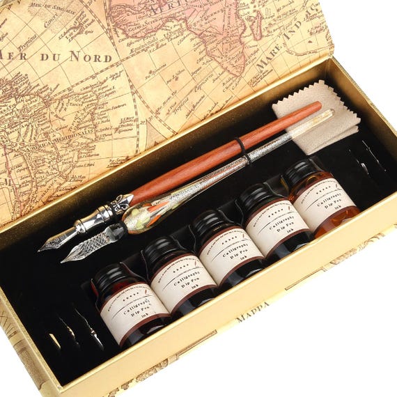 Calligraphy Pen Set, Handcrafted Glass Dip Pen and Wooden Dip Pen Gift Set with 5 Colors Calligraphy Ink 6 Nibs
