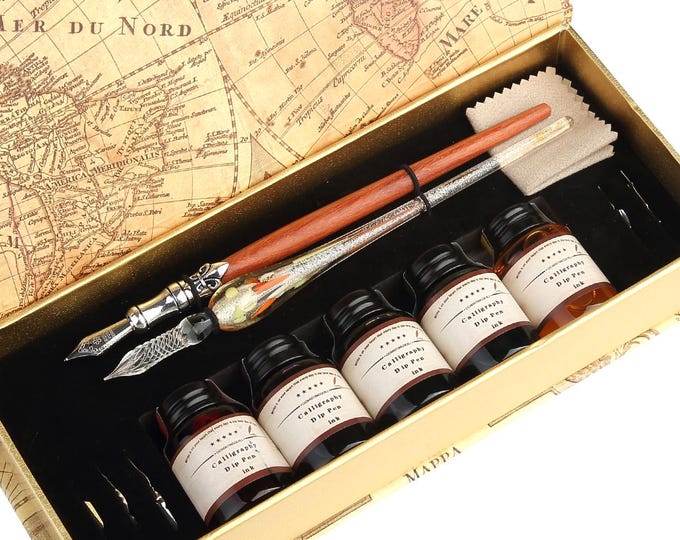 Calligraphy Pen Set, Handcrafted Glass Dip Pen and Wooden Dip Pen Gift Set with 5 Colors Calligraphy Ink 6 Nibs