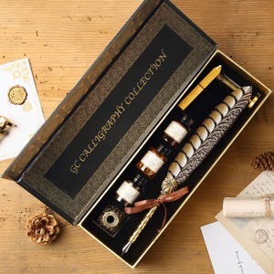 Feather Quill Pen and Ink Set - 6 Nibs, Pen Holder, 3 Inks, Wax Seal Stamp & Wax Stick - Antique Calligraphy Kit for Decor, Writing, Gifting