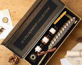 Feather Quill Pen and Ink Set - 6 Nibs, Pen Holder, 3 Inks, Wax Seal Stamp & Wax Stick - Antique Calligraphy Kit for Decor, Writing, Gifting