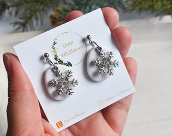 Women's Silver Snowflake Drop Earring, Winter Christmas Snowflake Jewelry, Minimal Winter Holiday Earring, Women Ready to Ship Gift under 30