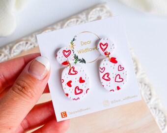 White and Red Heart Valentine's Day Earring, Handmade Polymer Clay Earring, Valentines Day Gift for her, Galentine's Day Earing Gift for her