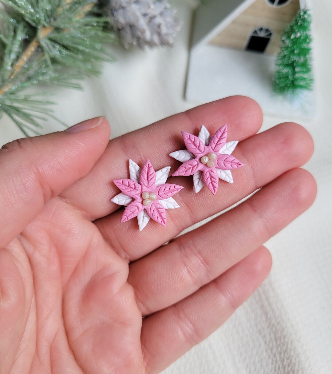 Pink Christmas Poinsettia Earring, Pink Christmas Floral Earring, Pink ...