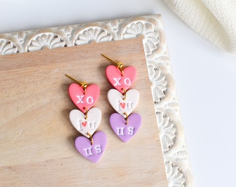Valentine's Day Chandelier Earring, Three Heart Tiered Dangle Earring, Pink Purple White Earrings, Polymer Clay Galentine's Day Earring Gift