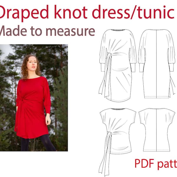 VeNove draped knot dress/tunic PDF sewing pattern|Custom measurements|Made to order|Printable PDF sewing pattern| for jersey/knit fabrics