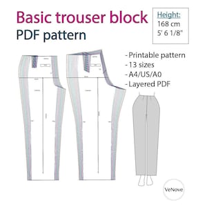 Pode incluir: Um padrão de calças básicas imprimível em PDF, com 13 tamanhos disponíveis nos formatos A4, US e A0. O padrão é em camadas e inclui uma representação visual das calças acabadas.