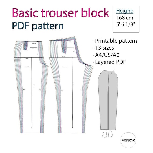 Basic trouser block|Different heights|168 cm/5' 6 1/8"|13 sizes 32-56|PDF pattern|Instant Download|Woven fabrics|for women