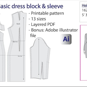 Basic dress block & sleeve|13 sizes| PDF | + Adobe Illustrator version | Different heights | 162 cm/5' 3 3/4"| for woven fabrics