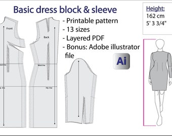 Dress Block Sewing Pattern: Basic Fitted Dress with Sleeve (PDF + Adobe Illustrator)