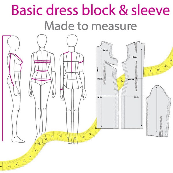 Bloque de vestido básico y manga/Medidas personalizadas/Hecho a pedido/Patrón de costura PDF imprimible para telas tejidas