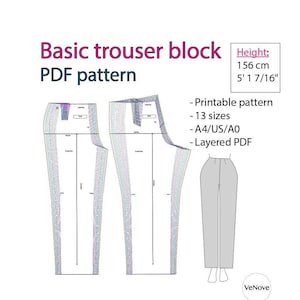 Bloc pantalon basique|Différentes hauteurs|156 cm/5&#39;1 7/16&#39;&#39;|13 tailles 32-56|Modèle PDF|Téléchargement instantané|Tissus tissés|pour femme