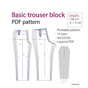 Basic trouser block|Different heights|156 cm/5'1 7/16''|13 sizes 32-56|PDF pattern|Instant Download|Woven fabrics|for women