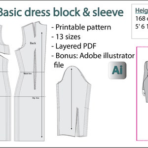 Puede incluir: Un patrón de costura digital para un bloque de vestido básico y una manga. El patrón incluye 13 tallas y es imprimible. También incluye un PDF en capas y un archivo de Adobe Illustrator. El patrón es para un vestido que mide 1,68 m de alto.