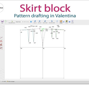 Pode incluir: Um ecrã de computador a mostrar um programa de desenho de padrões chamado Valentina. O programa é usado para criar um padrão de bloco de saia. O ecrã mostra uma grelha com vários pontos etiquetados com letras e números. O programa está a criar um padrão de saia.