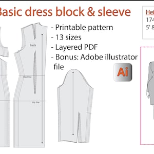 Basic dress block & sleeve|13 sizes| PDF | + Adobe Illustrator version | Different heights | 174 cm/5&#39; 8 1/2&quot;| for woven fabrics
