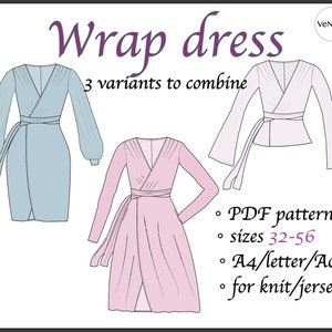 Puede incluir: Una ilustración digital de tres patrones de vestido cruzado. Los vestidos son de color azul claro, rosa y blanco. El texto "Wrap dress" y "3 variants to combine" está en la parte superior de la imagen. El texto "PDF pattern", "sizes 32-56", "A4/letter/Ao" y "for knit/jersey" está en la parte inferior de la imagen.